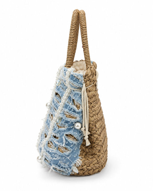 Blue Textured Tote Bag with Pearl Embellishments