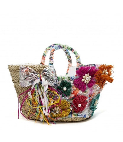 Colorful Embellished Straw Tote with Floral Accents
