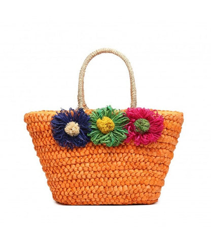 Orange Woven Tote Bag with Floral Accents