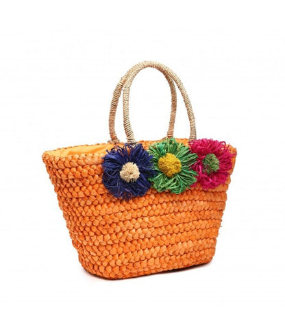 Orange Woven Tote Bag with Floral Accents