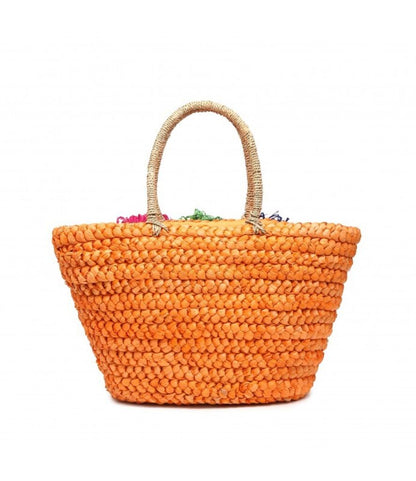 Orange Woven Tote Bag with Floral Accents