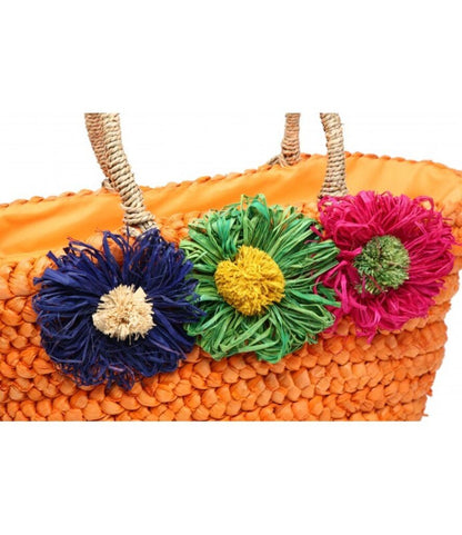 Orange Woven Tote Bag with Floral Accents