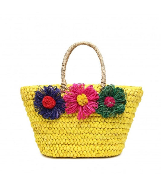 Yellow Woven Straw Tote with Bold Floral Accents