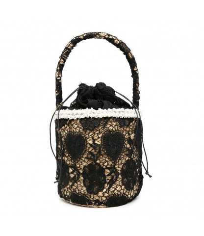 Black Lace Bucket Bag with Drawstring Closure