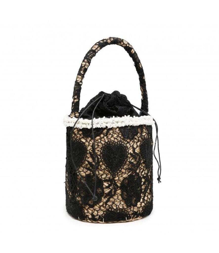 Black Lace Bucket Bag with Drawstring Closure