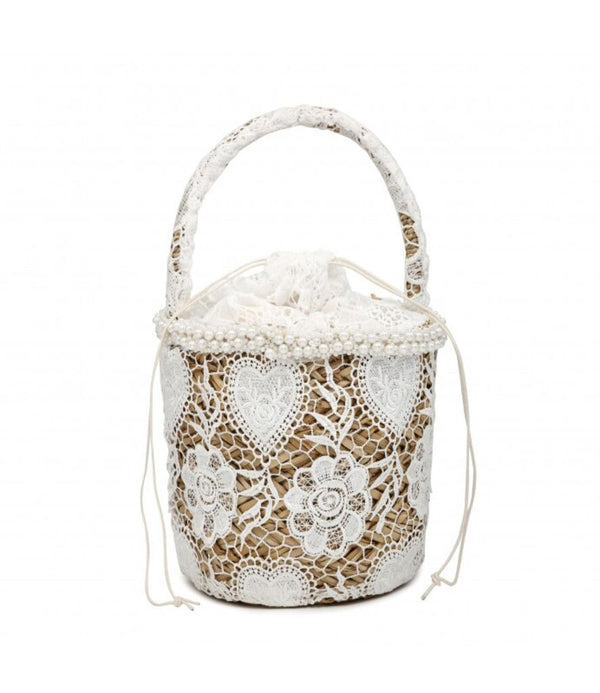White Lace Bucket Bag with Pearl Accents