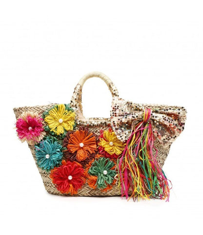 Multicolor Floral Embellished Woven Tote with Sequin Bow