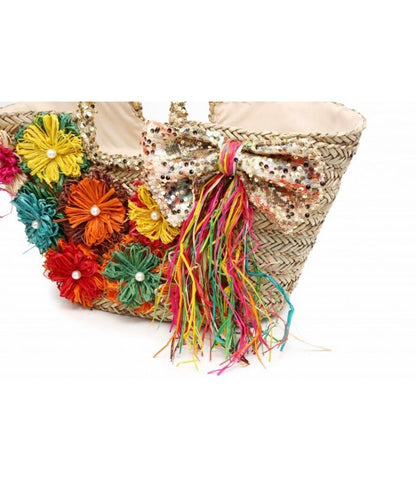 Multicolor Floral Embellished Woven Tote with Sequin Bow