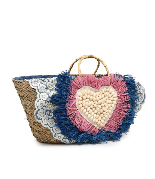 Colorful Woven Tote Bag with Heart Detail