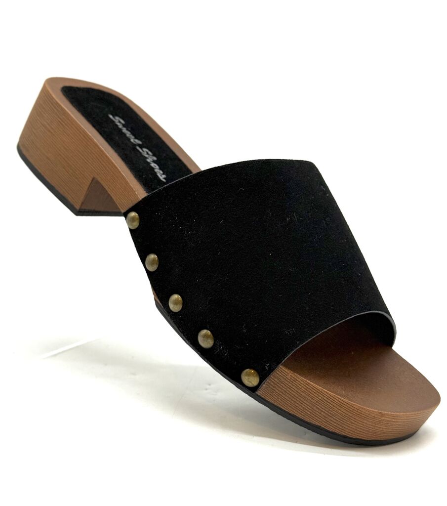 Heeled Mule Open-Toe Suede BLACK