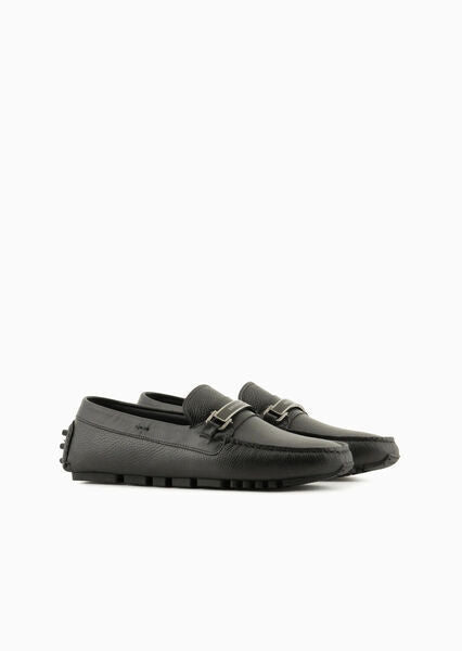 Black Textured Loafers with Buckle Detail