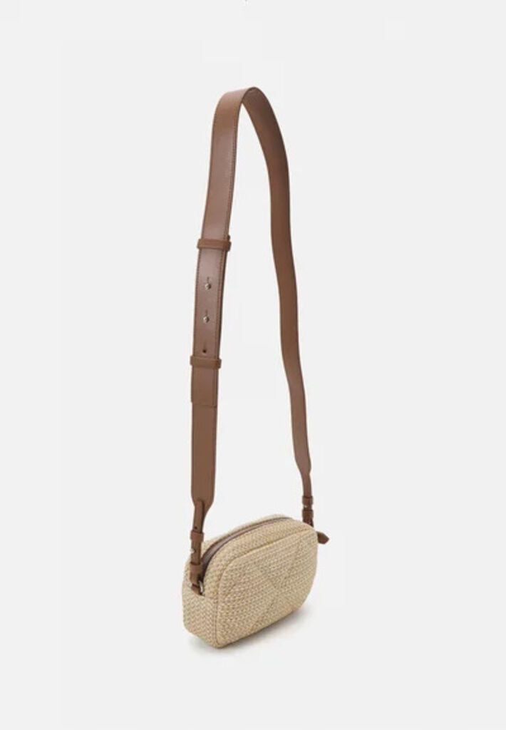 Beige Textured Crossbody Bag with Leather Strap