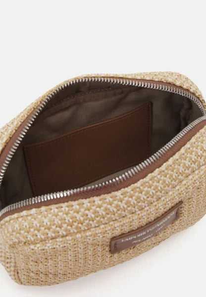 Beige Textured Crossbody Bag with Leather Strap