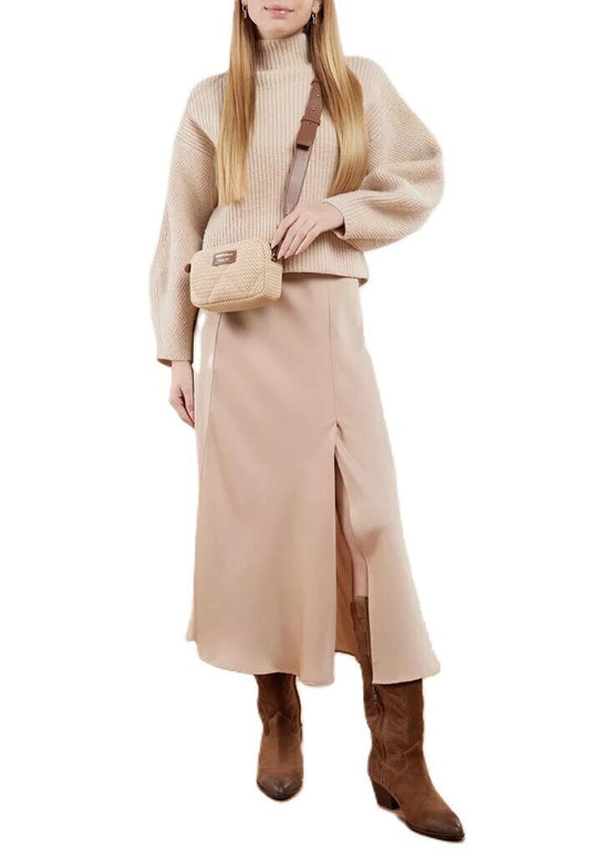 Beige Textured Crossbody Bag with Leather Strap