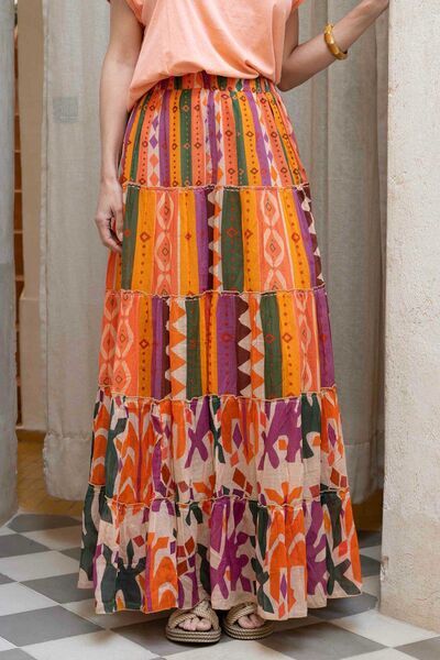 Multicolor Geometric Maxi Skirt with Tiered Design