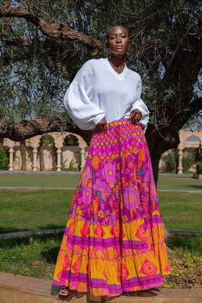 Vibrant Abstract Maxi Skirt with Geometric Patterns
