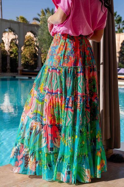 Multicolor Chiffon Maxi Skirt with Abstract Print