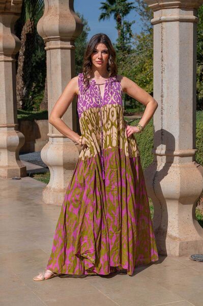 Purple and Olive Abstract Maxi Dress