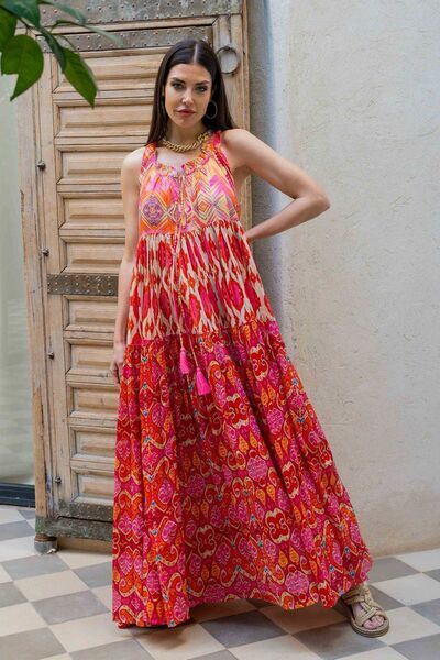 Red Bohemian Pattern Maxi Dress with Tassel Detail