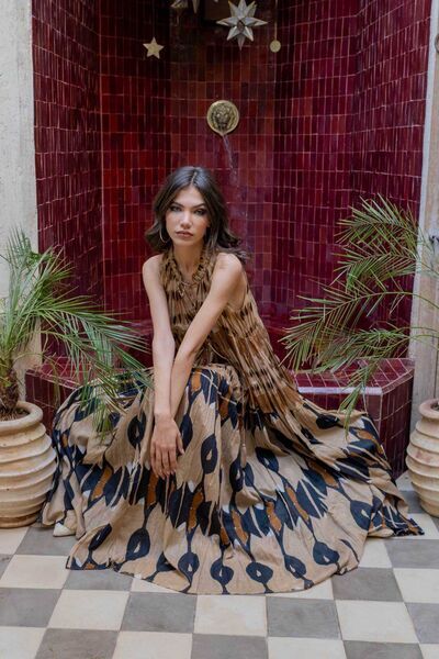 Brown Abstract Maxi Dress with Flowing Silhouette