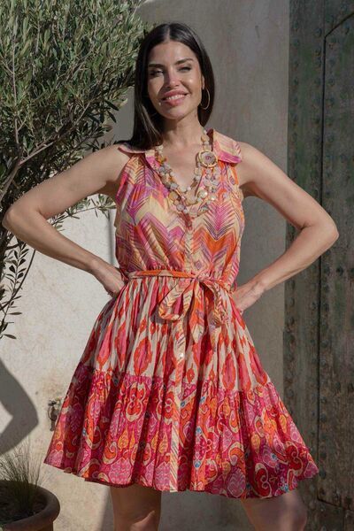 Vibrant Abstract Print Dress with Tie Waist