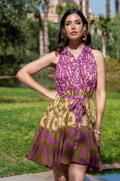 Purple Animal Print Halter Dress with Tie-Waist
