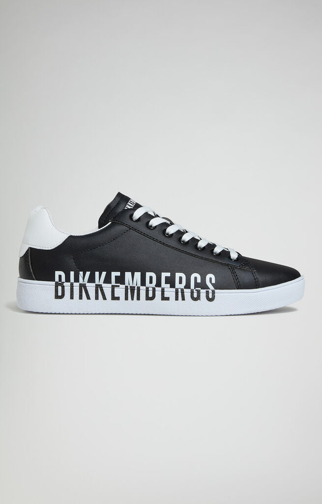 Black Logo Leather Sneakers with White Sole