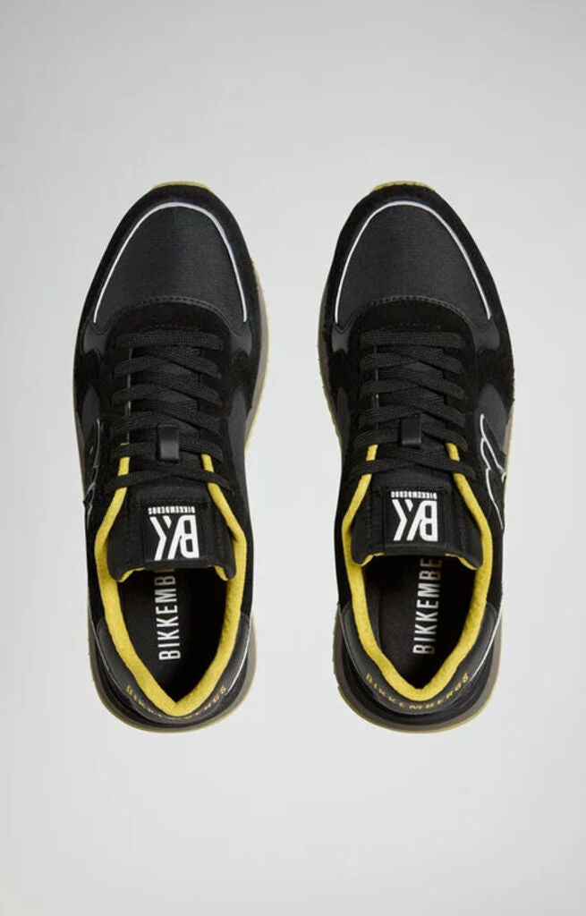 Black Textured Sneakers with Yellow Accents