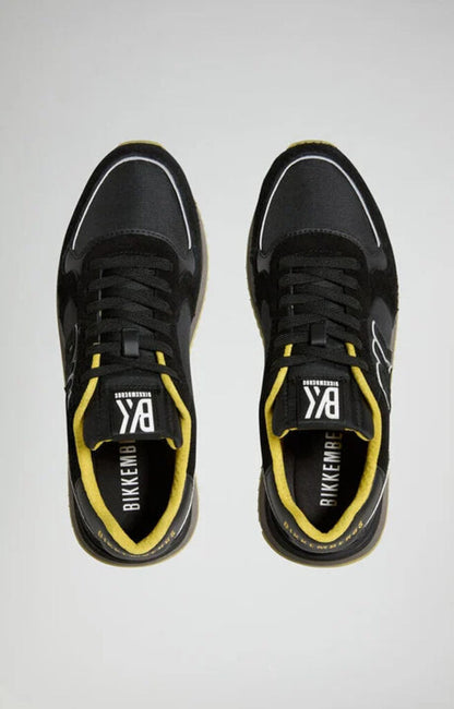 Black Textured Sneakers with Yellow Accents