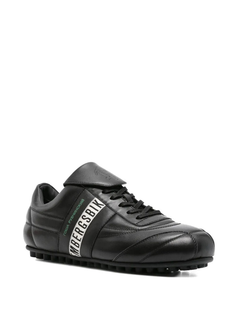 Black Leather Athletic Sneakers with Stripe Detail