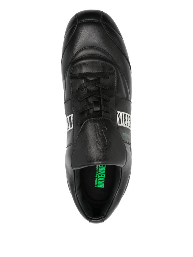 Black Leather Athletic Sneakers with Stripe Detail