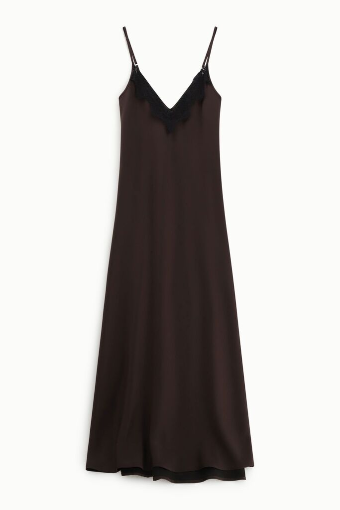 Brown Satin Slip Dress with Lace Detail
