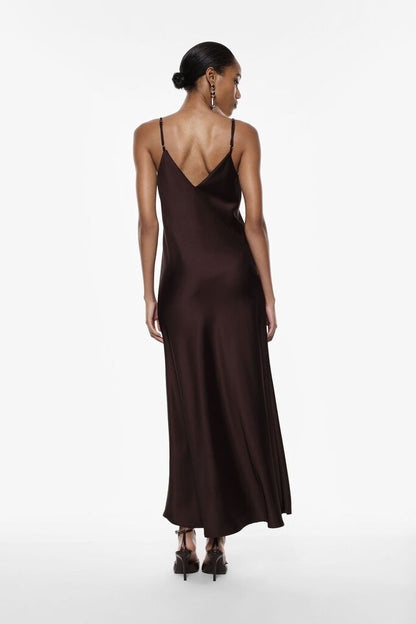 Brown Satin Slip Dress with Lace Detail
