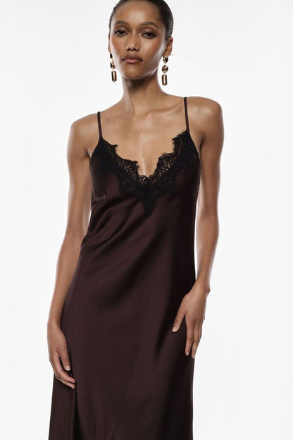 Brown Satin Slip Dress with Lace Detail