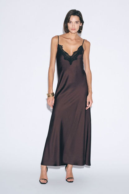 Brown Satin Slip Dress with Lace Detail