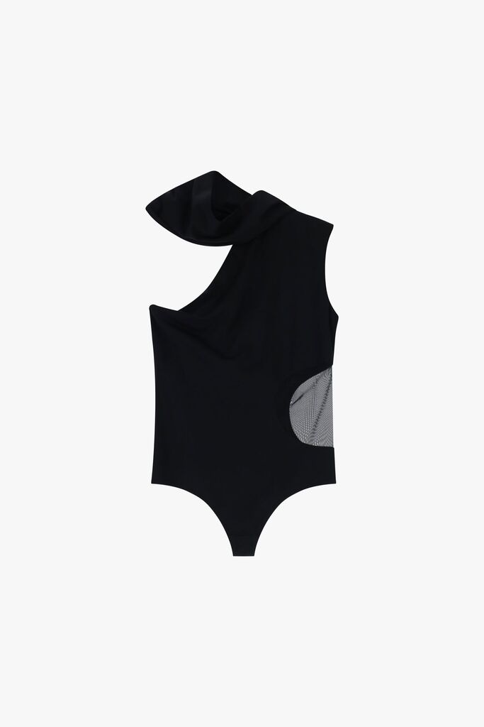 Black Asymmetric Bodysuit with Mesh Detail