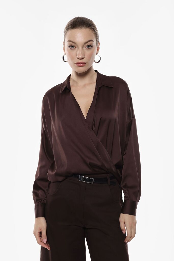 Brown Asymmetric Bodysuit with Mesh Detail