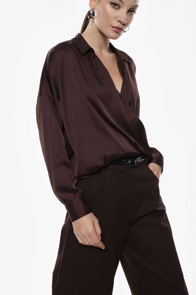 Brown Asymmetric Bodysuit with Mesh Detail