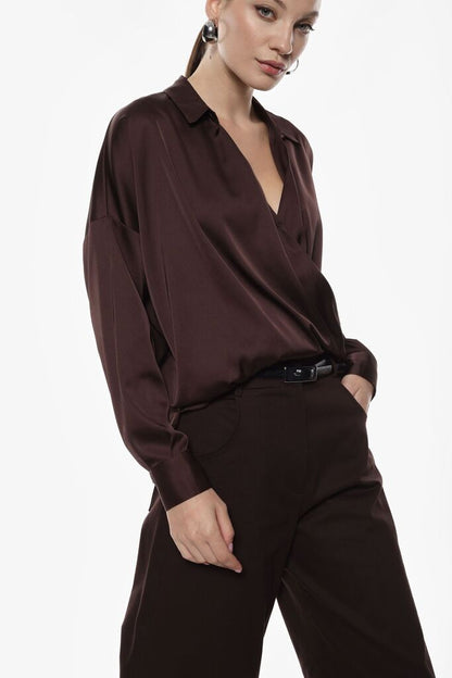 Brown Asymmetric Bodysuit with Mesh Detail