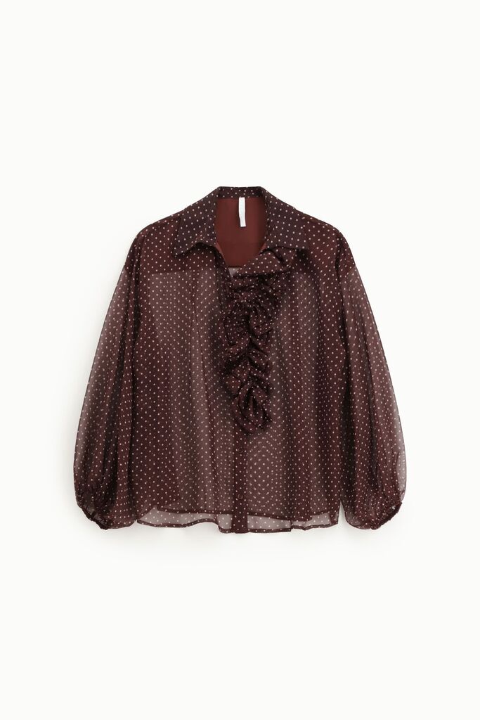 Brown Sheer Polka Dot Blouse with Ruffled Front
