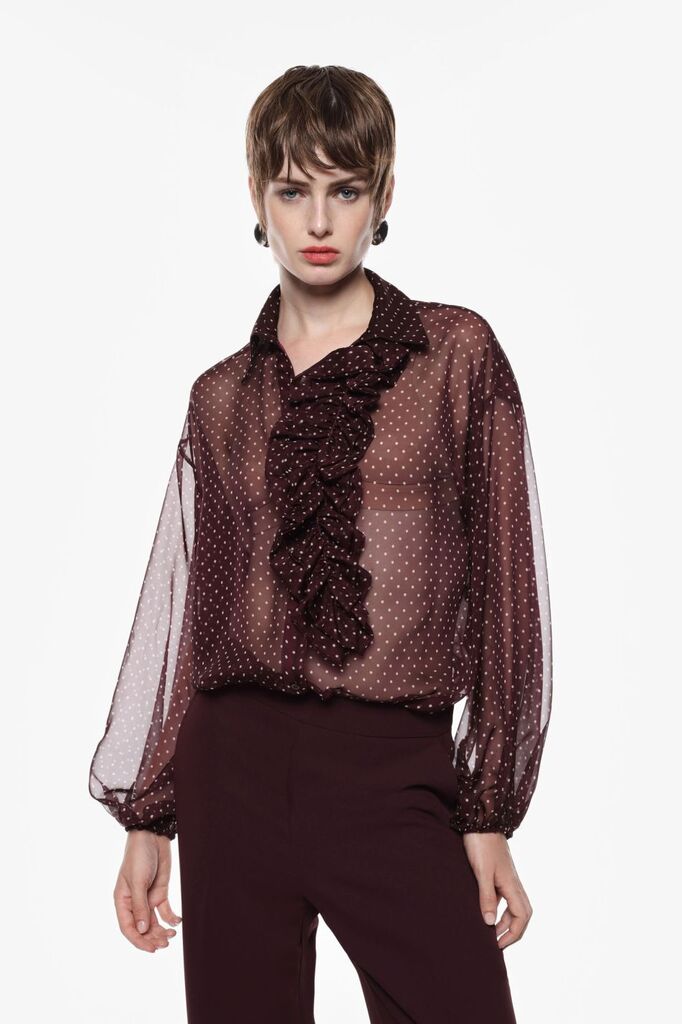 Brown Sheer Polka Dot Blouse with Ruffled Front