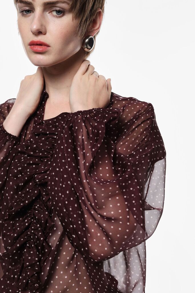 Brown Sheer Polka Dot Blouse with Ruffled Front