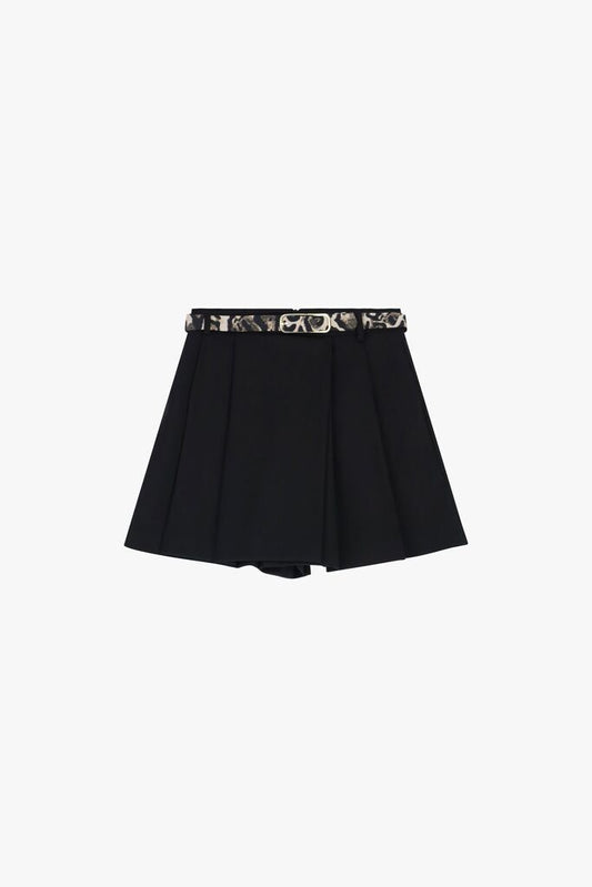 Black Pleated Mini Skort with Patterned Belt