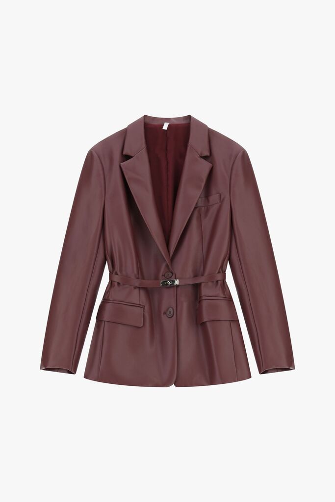 Burgundy Faux Leather Belted Blazer