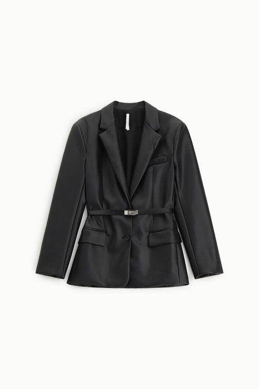 Black Satin Blazer with Belted Detail