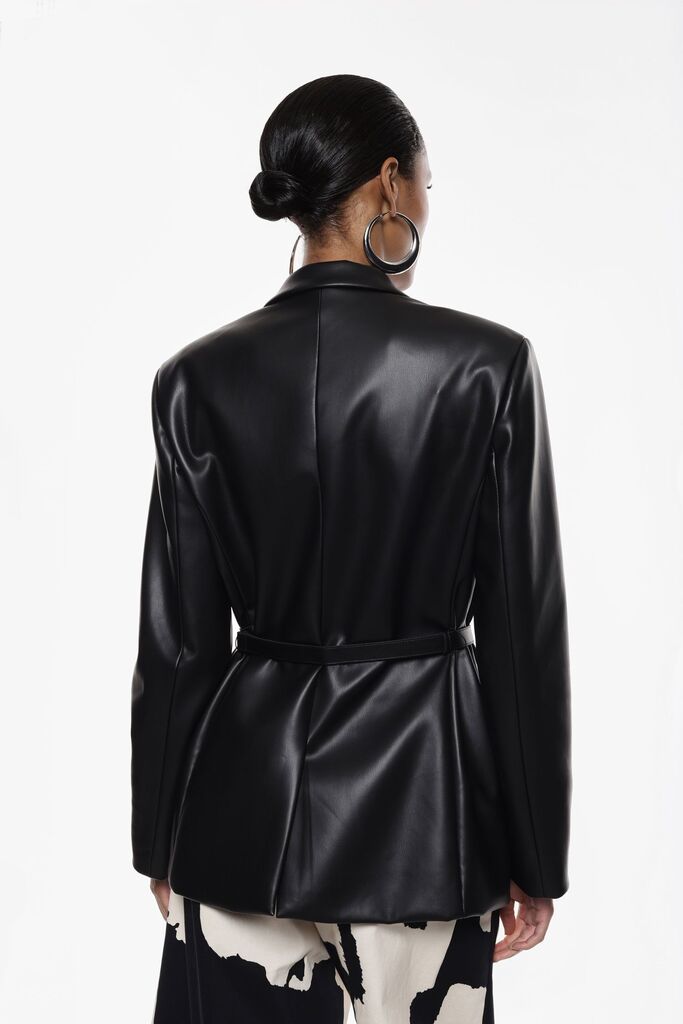 Black Satin Blazer with Belted Detail