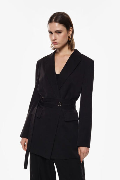 Black Tailored Jacket with Belted Waist