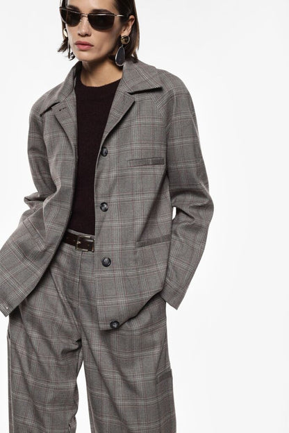 Gray Plaid Wool Jacket with Relaxed Fit