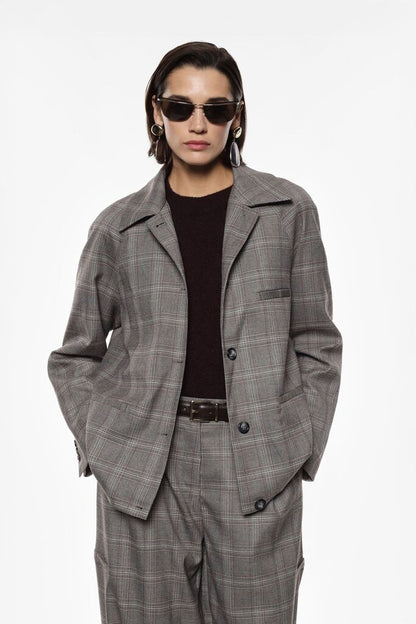 Gray Plaid Wool Jacket with Relaxed Fit