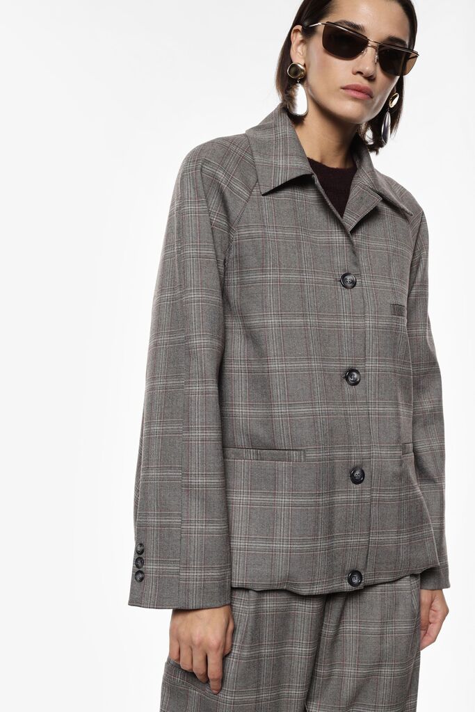 Gray Plaid Wool Jacket with Relaxed Fit